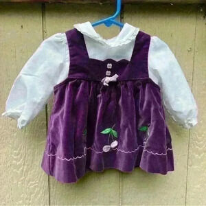 Vintage Baby Purple Velvet Cherry Dress With White Collared Blouse 18 Months